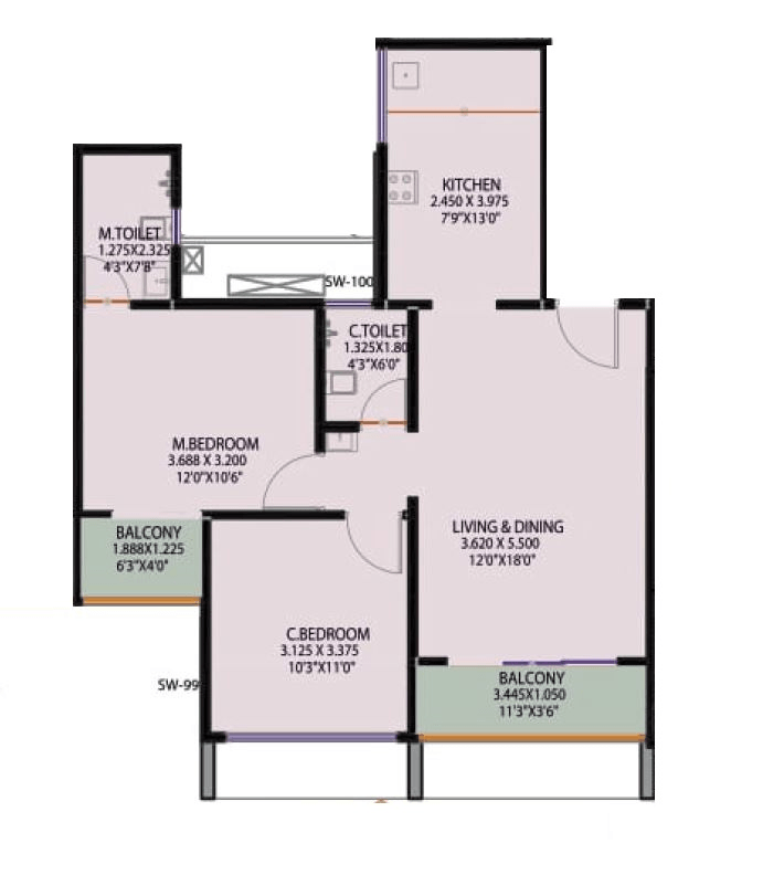 Shubhlaxmi Meriton Heights Unit plan - 734 sq.ft.