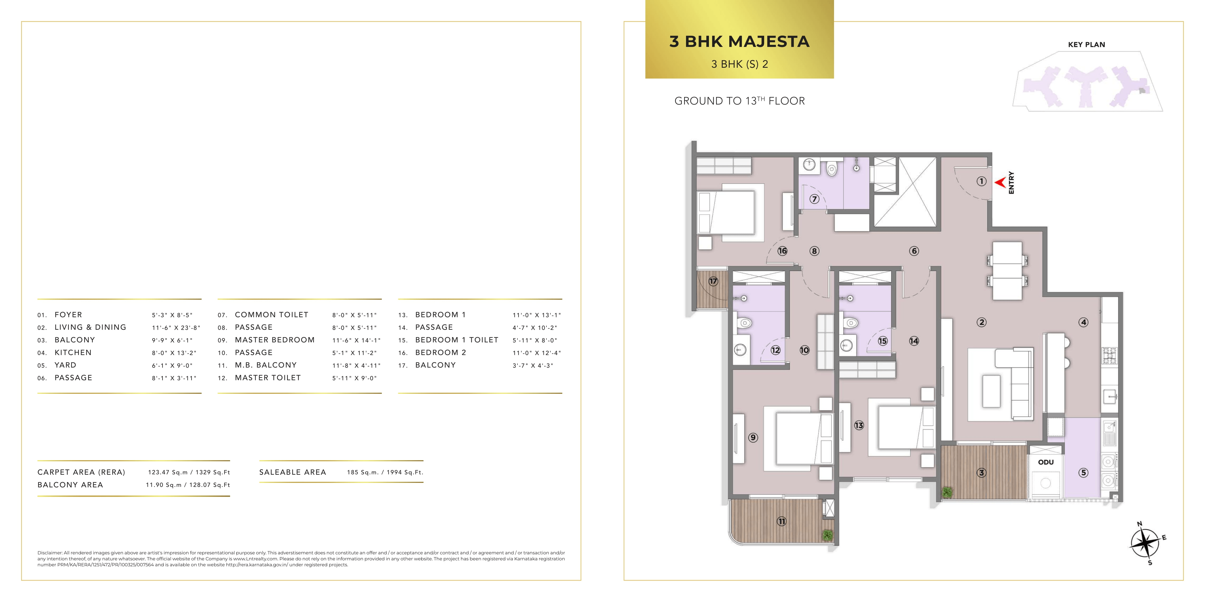 L&T Elara Celestia Unit plan - 1329 sq.ft.