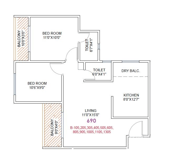 DML Hexa Towers Unit plan - 690 sq.ft.
