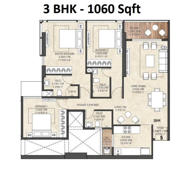 Inspira One Unit plan - 1060 sq.ft.
