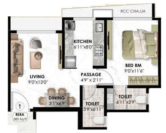 Adityaraj Viva Unit plan - 385 sq.ft.