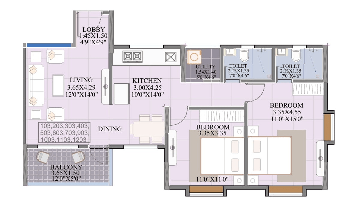 Kodre Blossom Park Unit plan - 809 sq.ft.