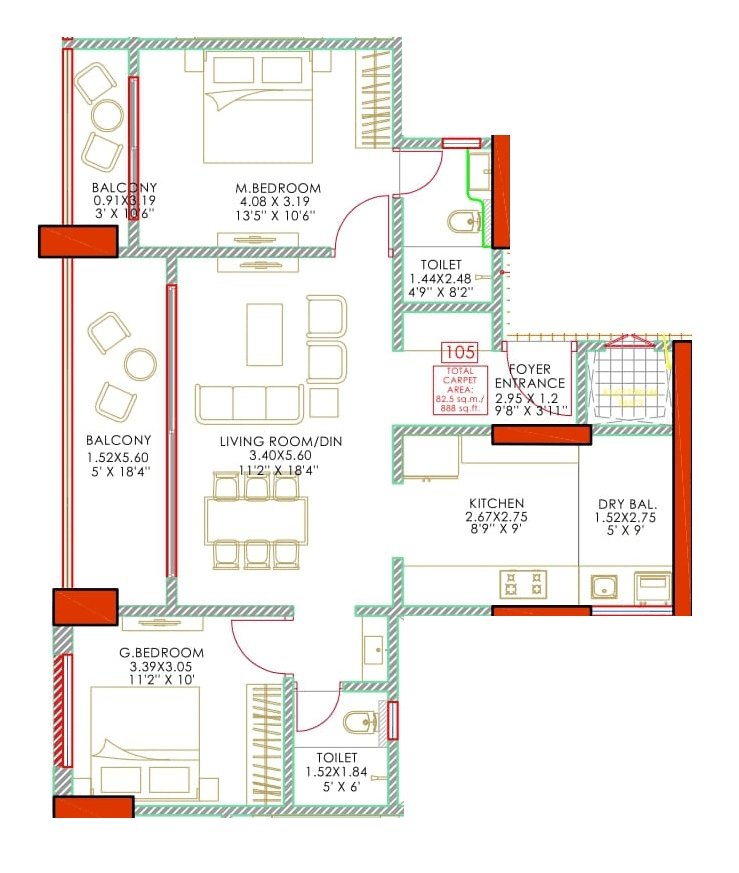 Unit plan - 888 sq.ft.