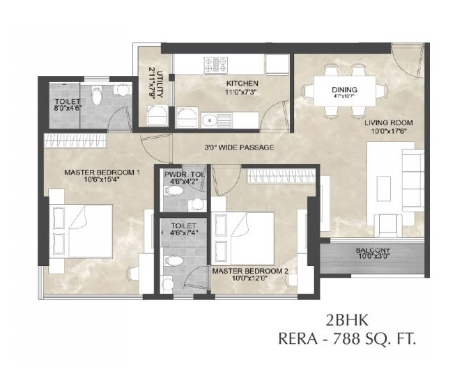 Kaustubh Breeze 91 Unit plan - 788 sq.ft.