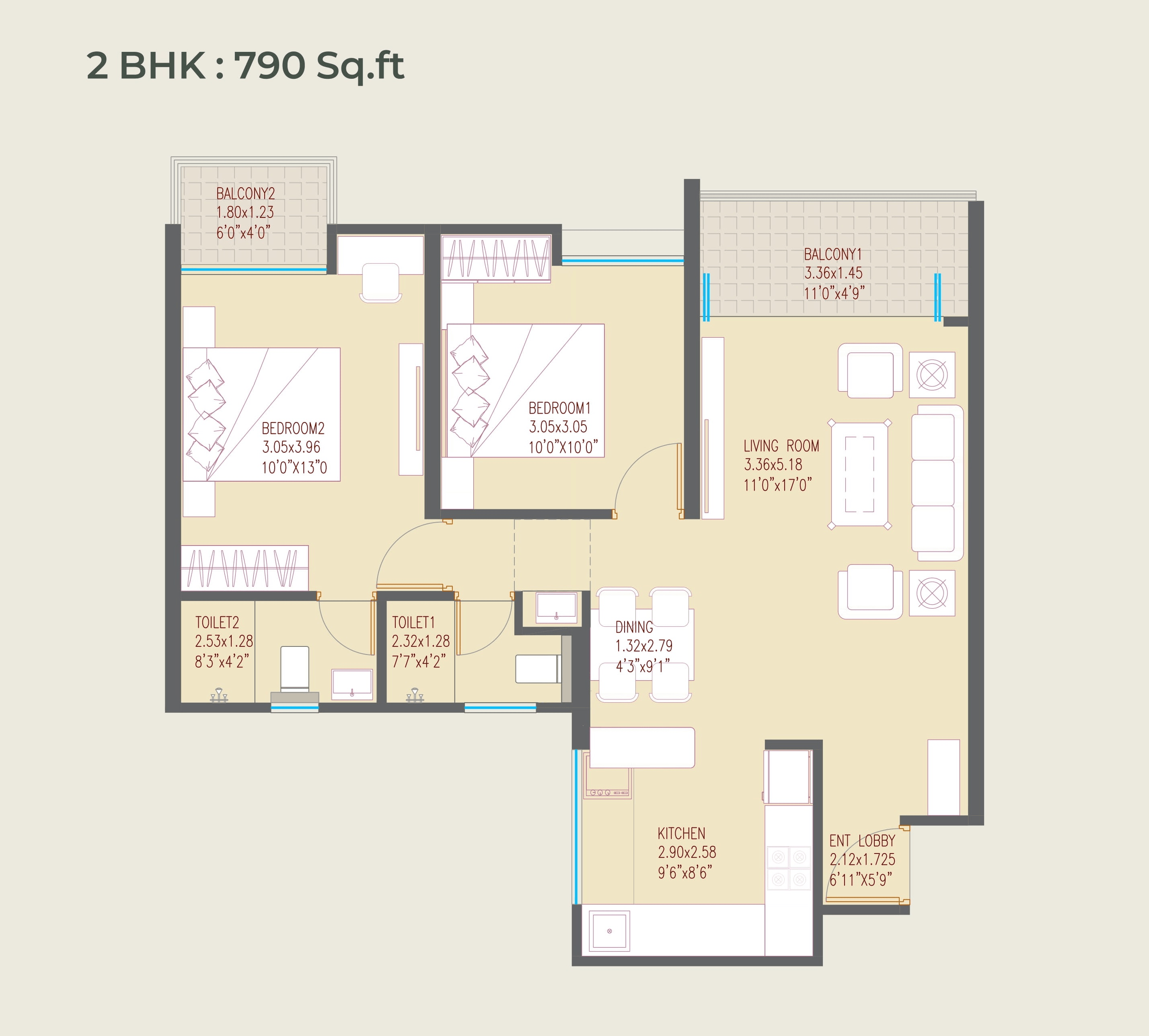 Sonai Clara Unit plan - 790 sq.ft.