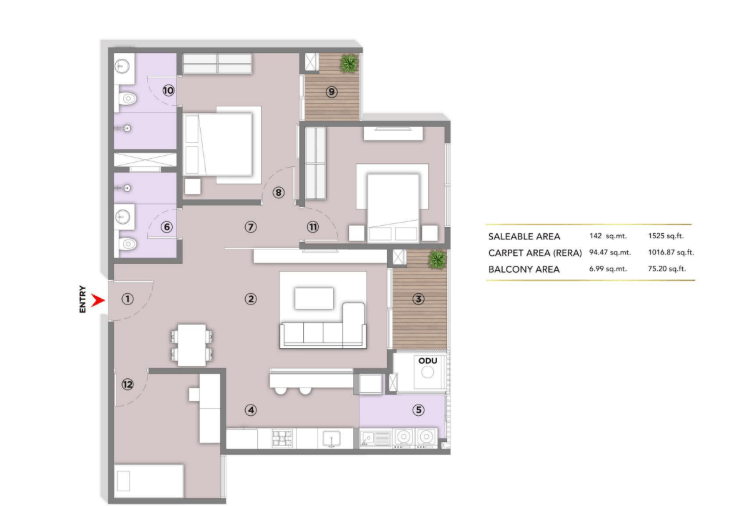 L&T Elara Celestia Unit plan - 1017 sq.ft.