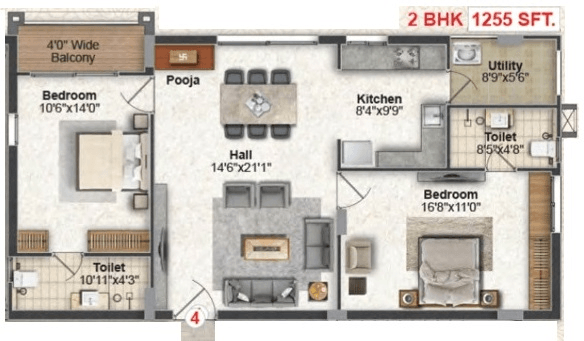 Greater Infra Geranium Unit plan - 980 sq.ft.