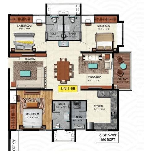 Unit plan - 1262 sq.ft.