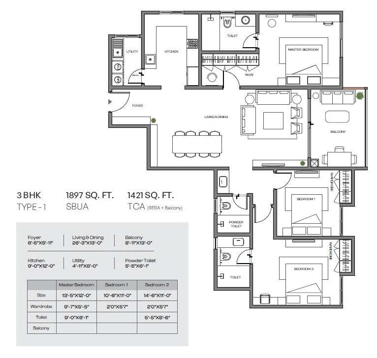 Assetz Meru & Meadow Unit plan - 1421 sq.ft.