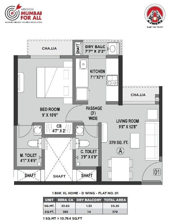 Ajmera Vihara Unit plan - 379 sq.ft.