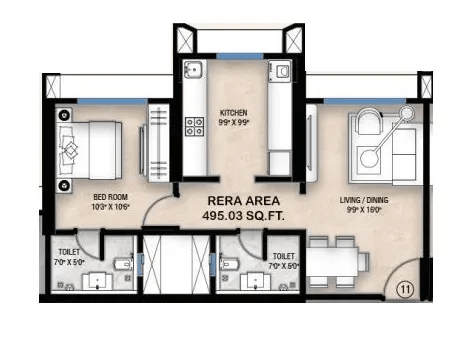 Chandiwala Pearl Icon Unit plan - 495 sq.ft.