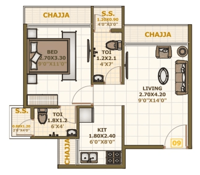 Sai Residency Unit plan - 419 sq.ft.
