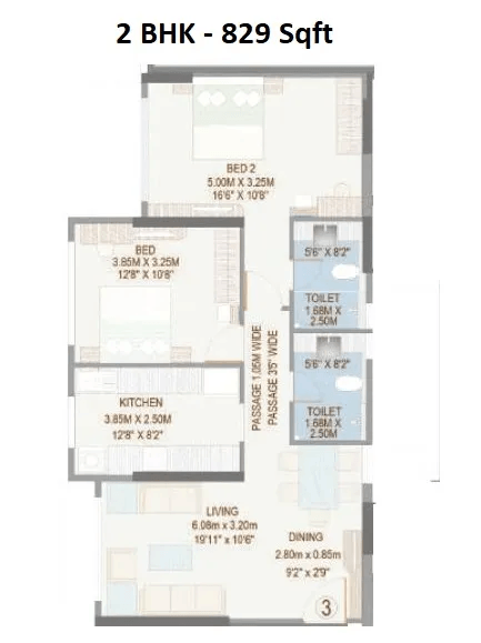 Goodwill Kanchangiri Unit plan - 829 sq.ft.