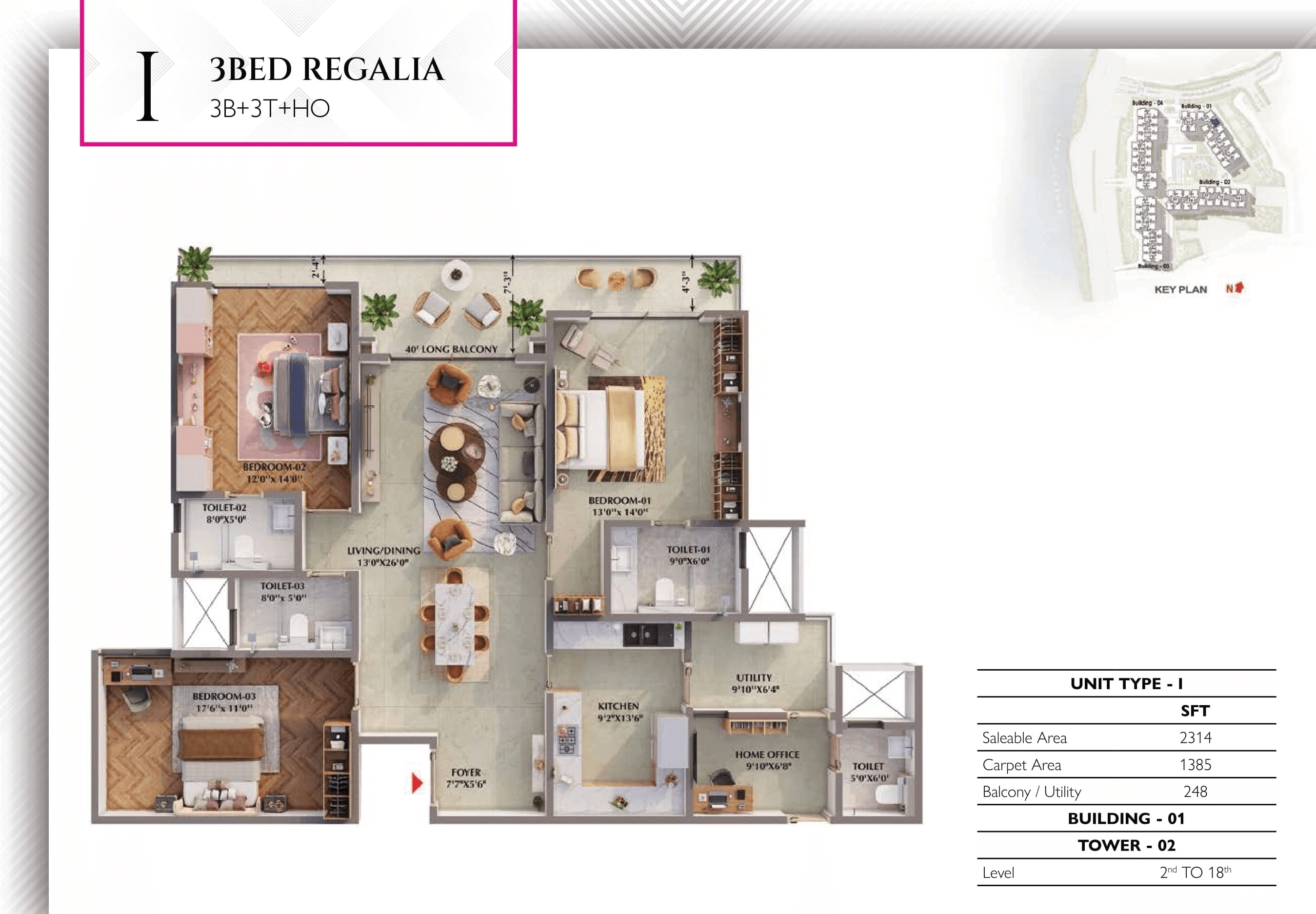 Prestige Raintree Park Unit plan - 1385 sq.ft.