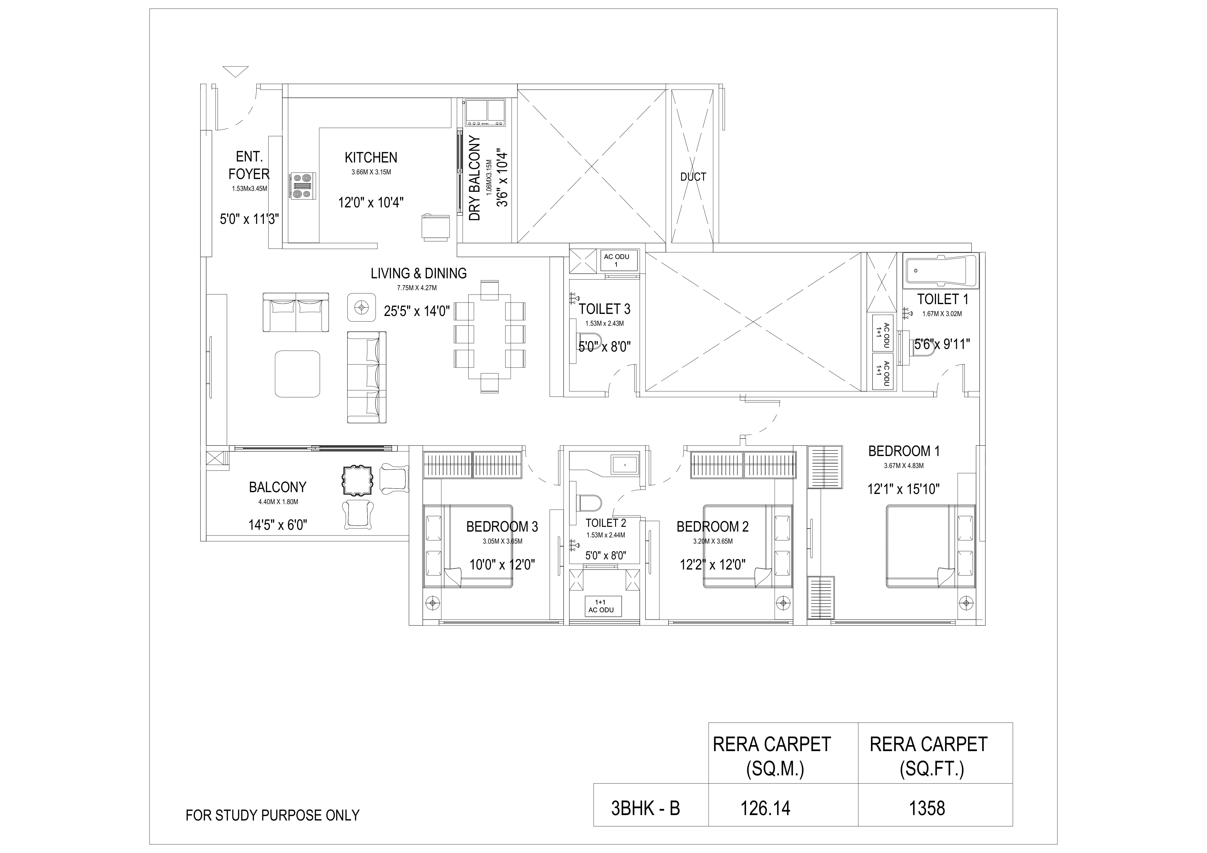 Kumar Magarpatta Unit plan - 1358 sq.ft.