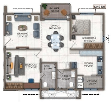 Vertex Viraat Unit plan - 1005 sq.ft.