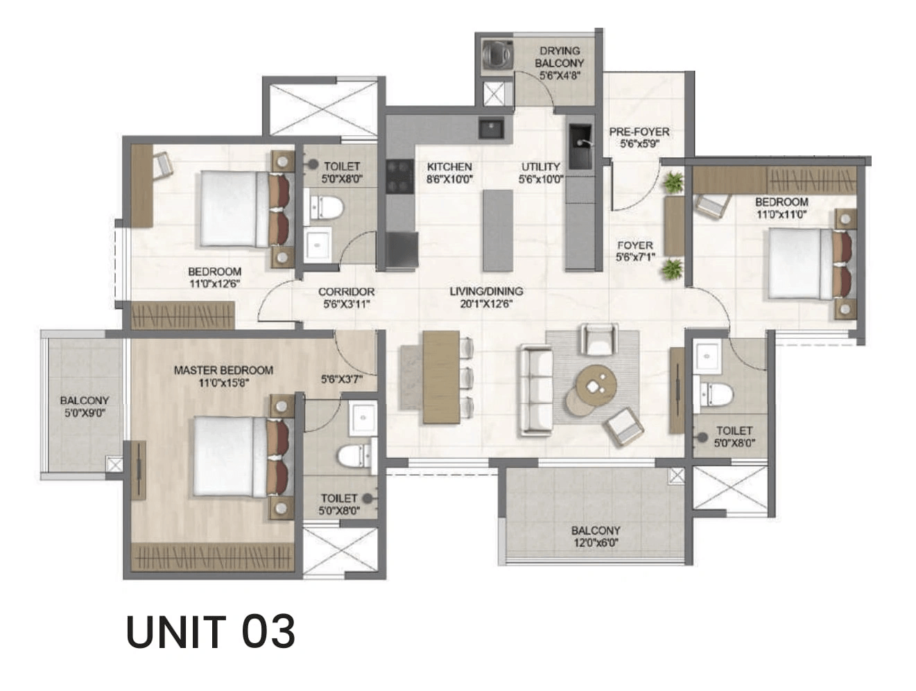 Bricks & Milestones The Earthscape Unit plan - 1297 sq.ft.