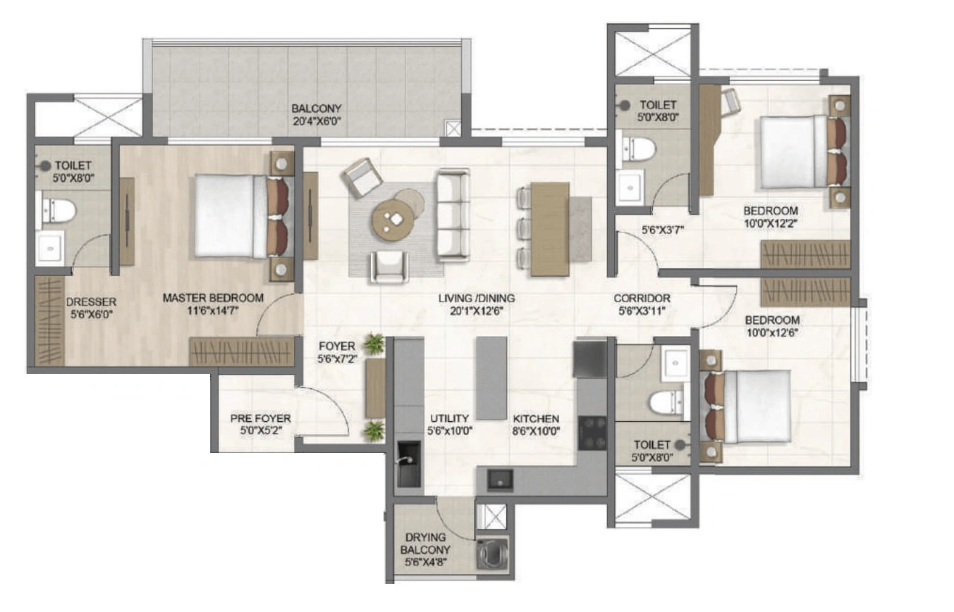 Bricks & Milestones The Earthscape Unit plan - 1311 sq.ft.