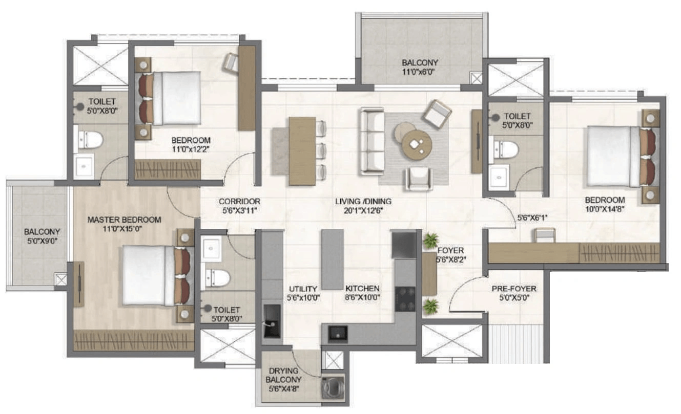 Bricks & Milestones The Earthscape Unit plan - 1318 sq.ft.