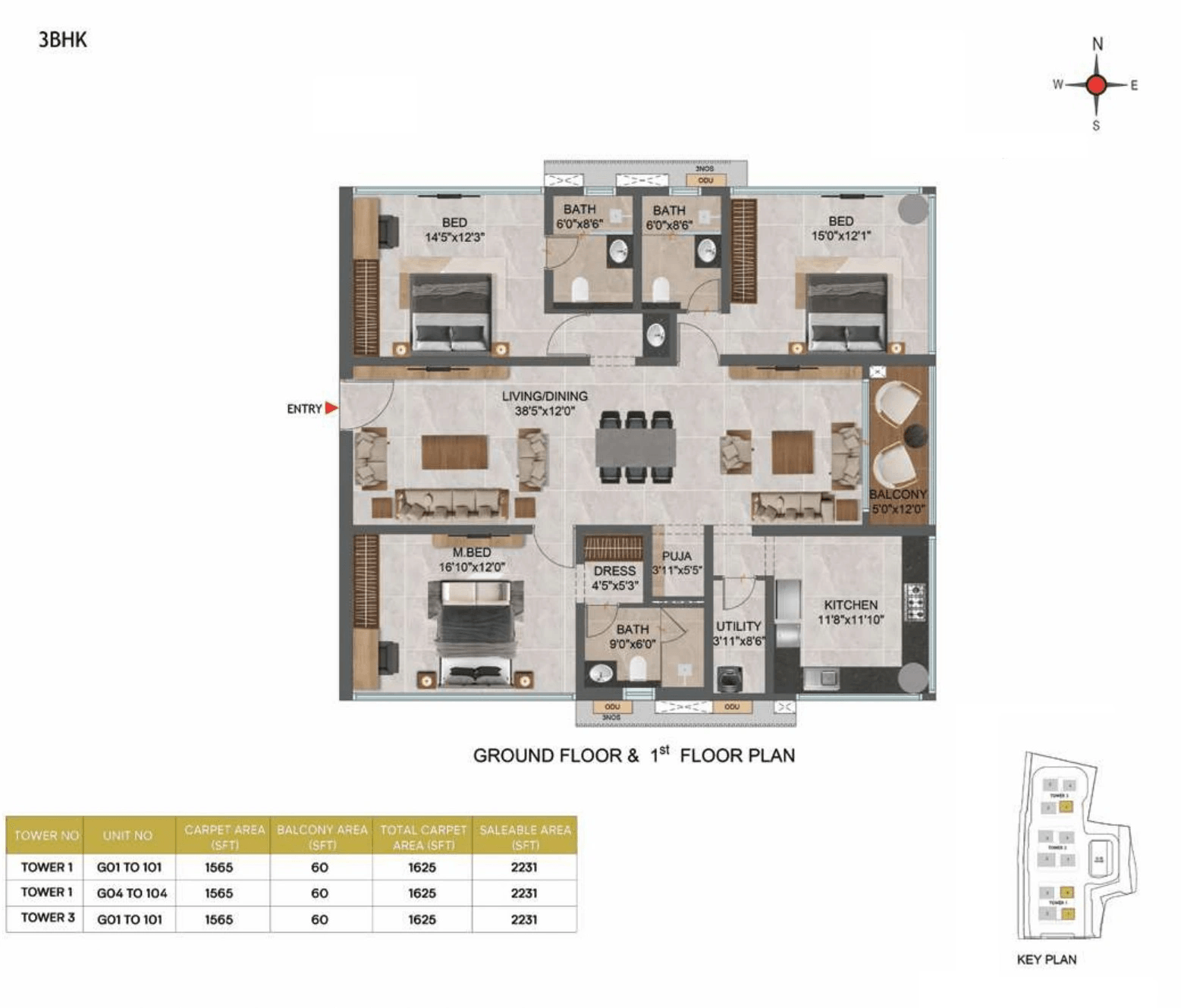 Casagrand GS Infinity Unit plan - 1625 sq.ft.