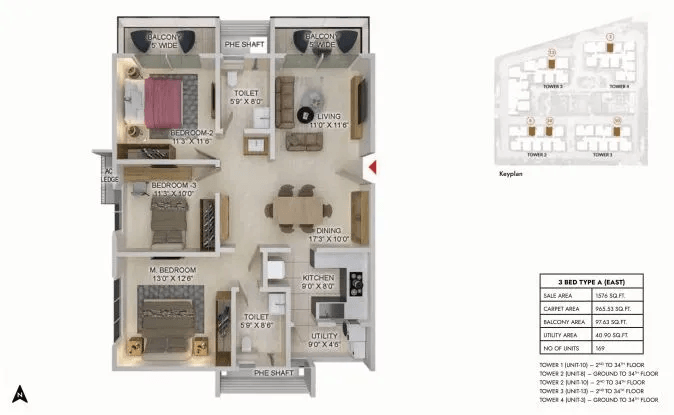 Prestige Spring Heights Rajendra Nagar Unit plan - 966 sq.ft.