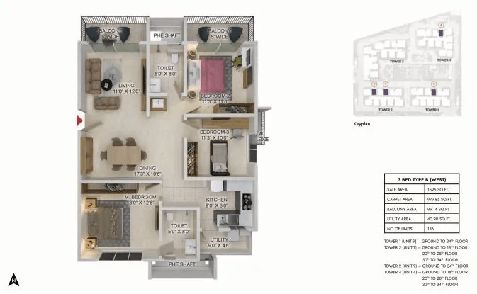 Prestige Spring Heights Rajendra Nagar Unit plan - 980 sq.ft.