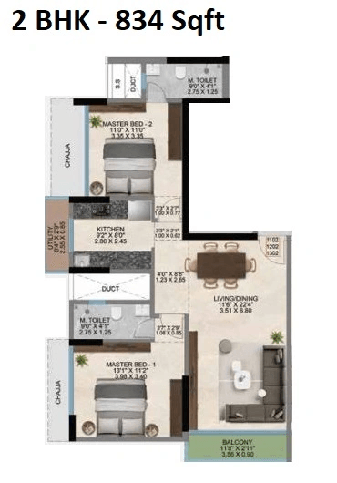 Kosmos & West Avenue Eirene Heights Unit plan - 834 sq.ft.