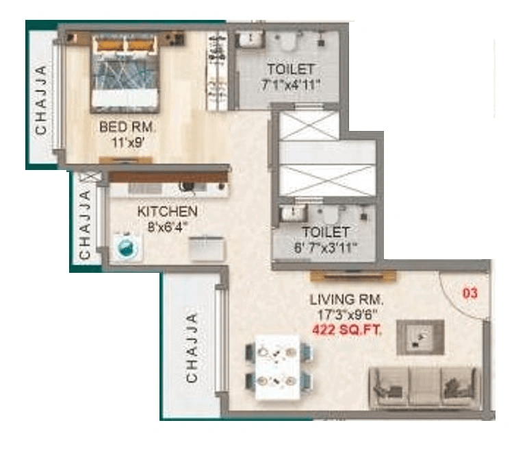 Adityaraj Majestic Unit plan - 422 sq.ft.