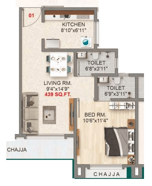 Adityaraj Majestic Unit plan - 439 sq.ft.