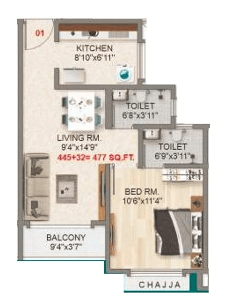 Adityaraj Majestic Unit plan - 477 sq.ft.