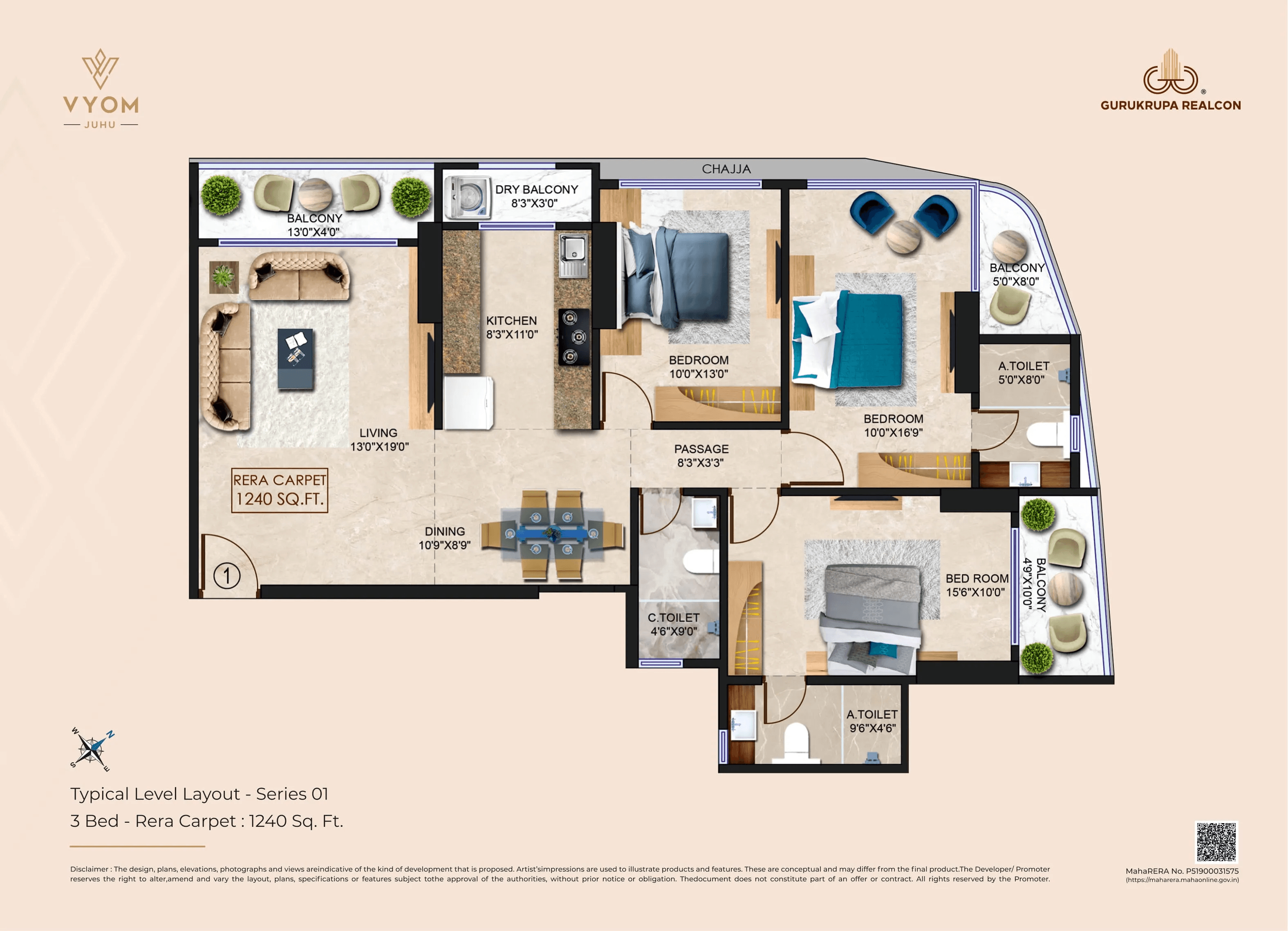 Gurukrupa Vyom Unit plan - 1240 sq.ft.