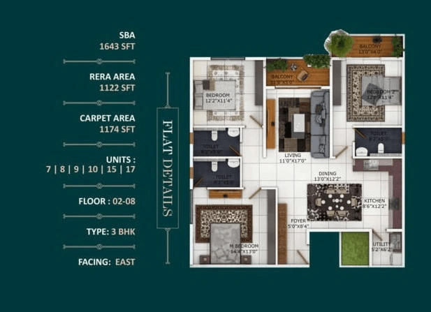Binary Temple Tree Unit plan - 1174 sq.ft.