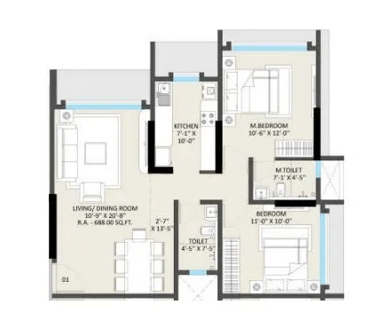 Omnetra Vrindavan Unit plan - 688 sq.ft.
