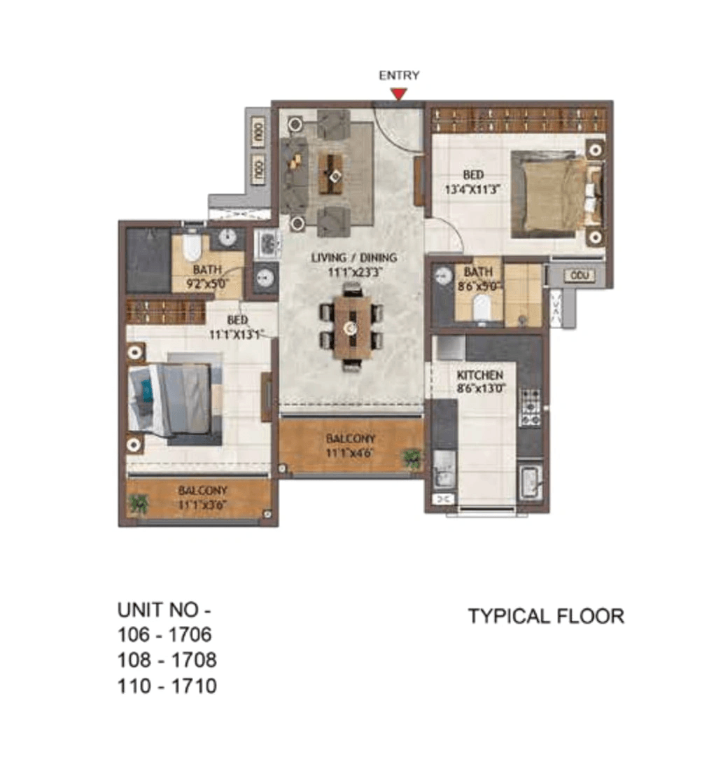 Casagrand Casablanca Unit plan - 886 sq.ft.