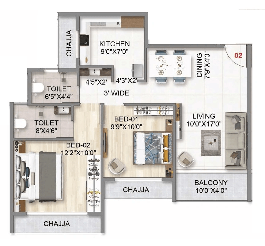 Balaji Skyline Unit plan - 676 sq.ft.