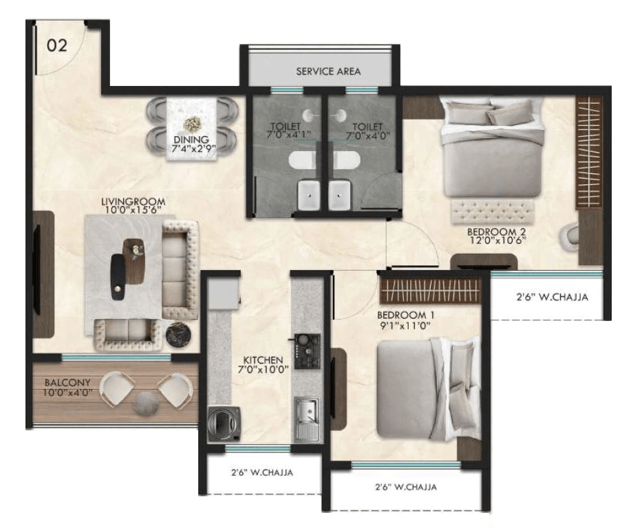 Tharwani Palladian Unit plan - 644 sq.ft.