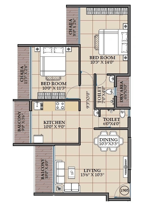 NMS One 27 Unit plan - 876 sq.ft.