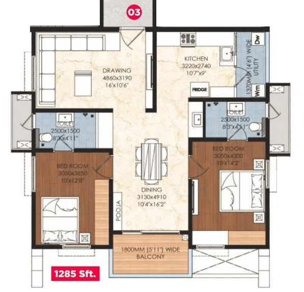 Om Sree Gallaxy Unit plan - 955 sq.ft.