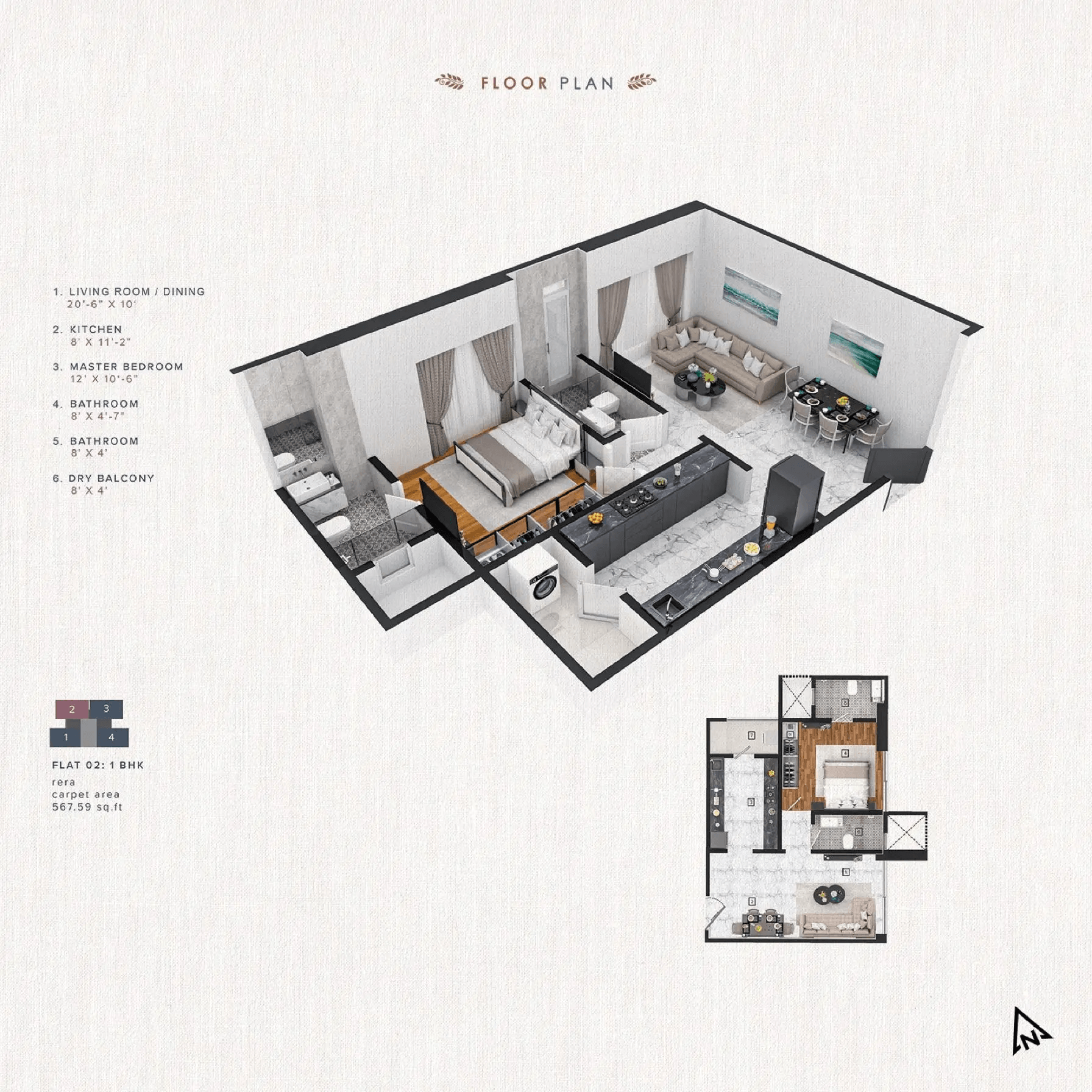 Redstone Azara Residences Unit plan - 567 sq.ft.