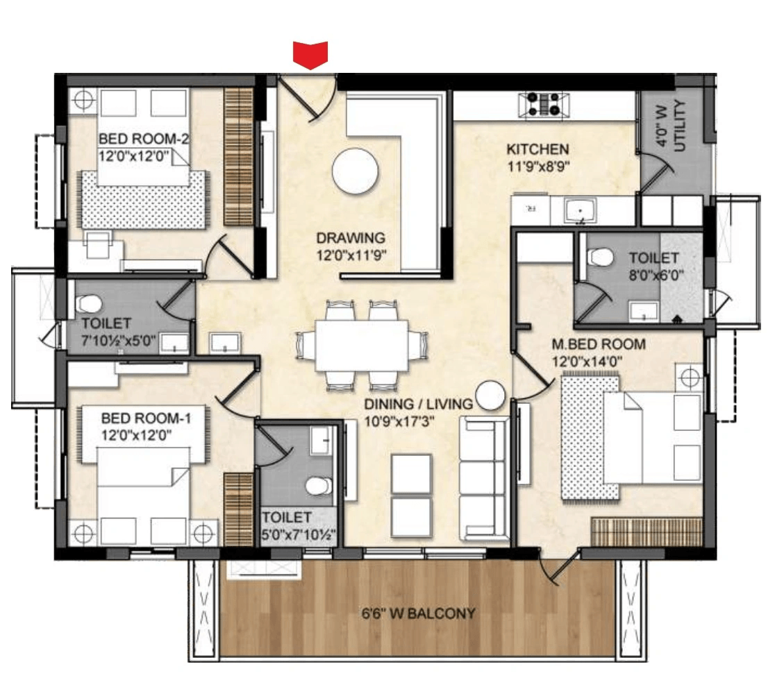 Om Sree Skypark Unit plan - 1271 sq.ft.