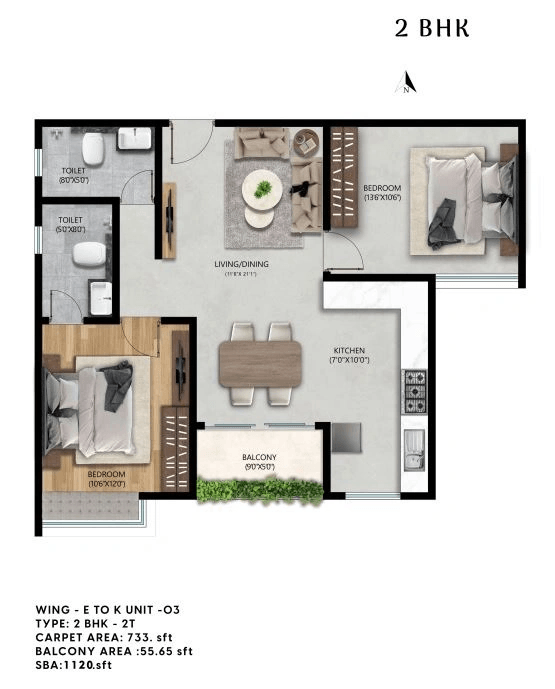 SNN Raj High Gardens Unit plan - 733 sq.ft.