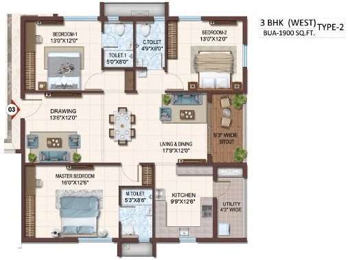 Prosperiti Homes Ekam Unit plan - 1387 sq.ft.