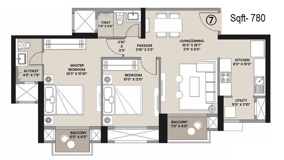 Hiranandani The Arena Unit plan - 780 sq.ft.