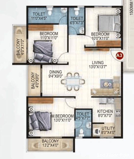 Vaishno Ambaram Unit plan - 1058 sq.ft.
