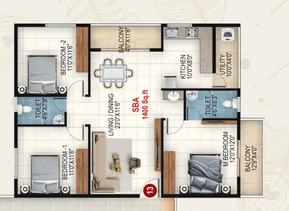 Udbhav Gokulam Unit plan - 1050 sq.ft.