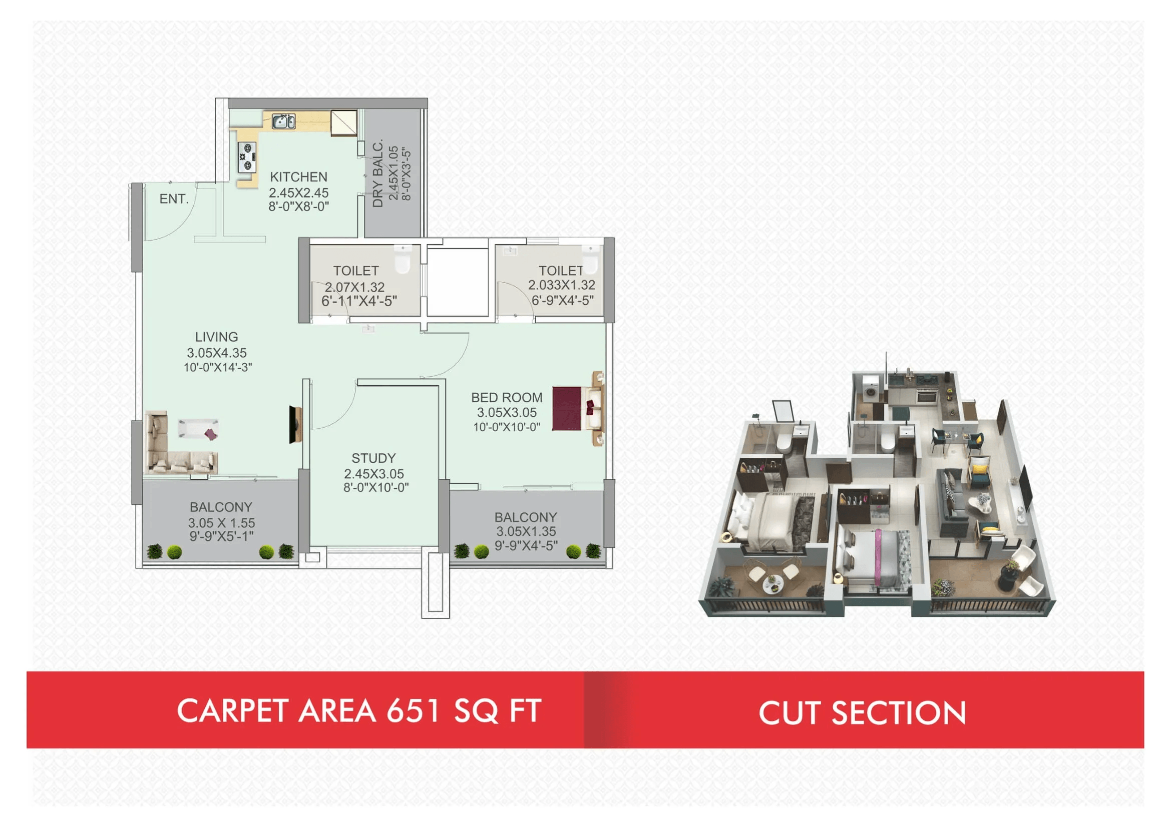Ganga Amber Phase 2 Unit plan - 651 sq.ft.