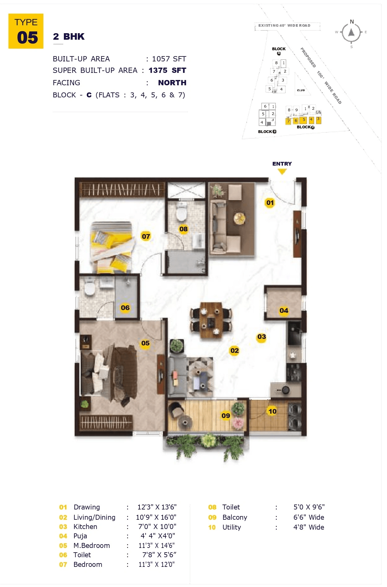 E-Infra Elegant Nivasa Unit plan - 1073 sq.ft.