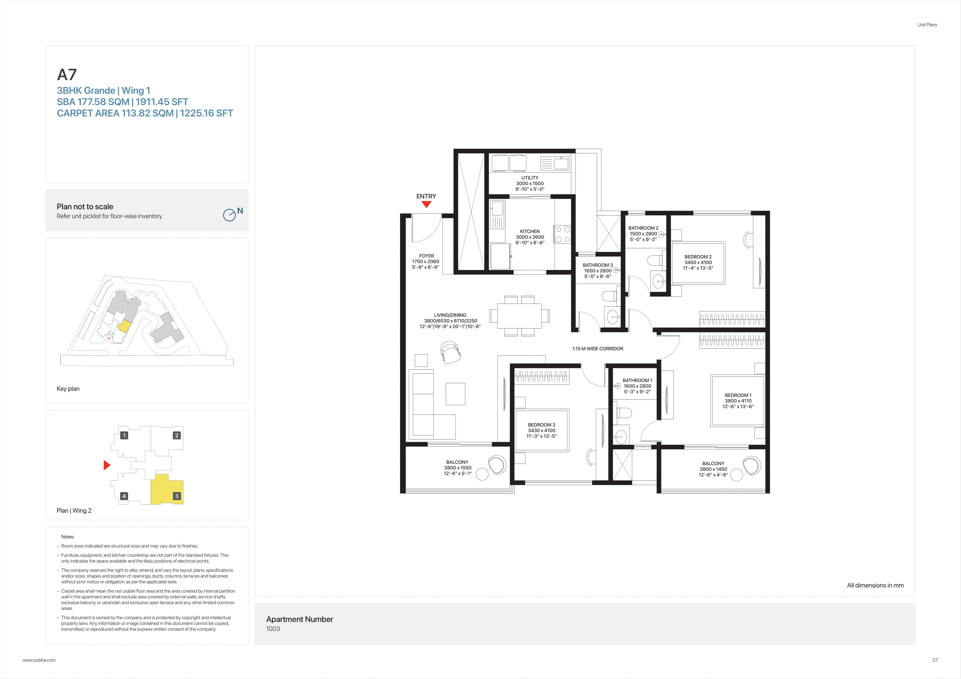 Sobha Altair Unit plan - 1225 sq.ft.