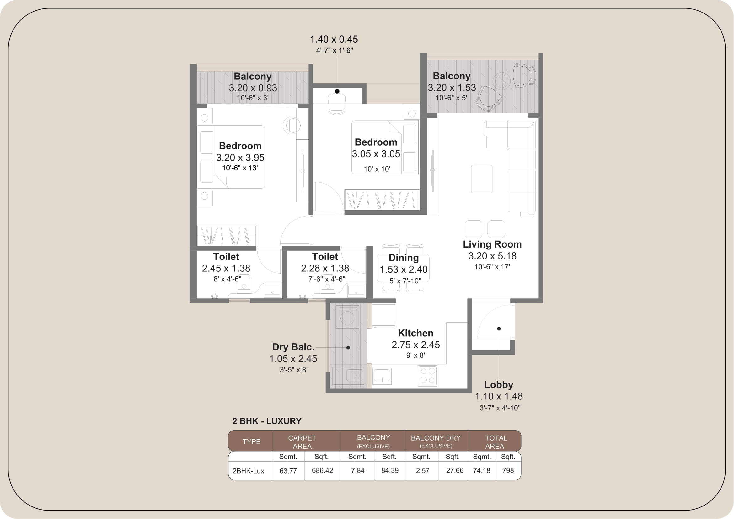 Kohinoor Regalia Towers Unit plan - 798 sq.ft.