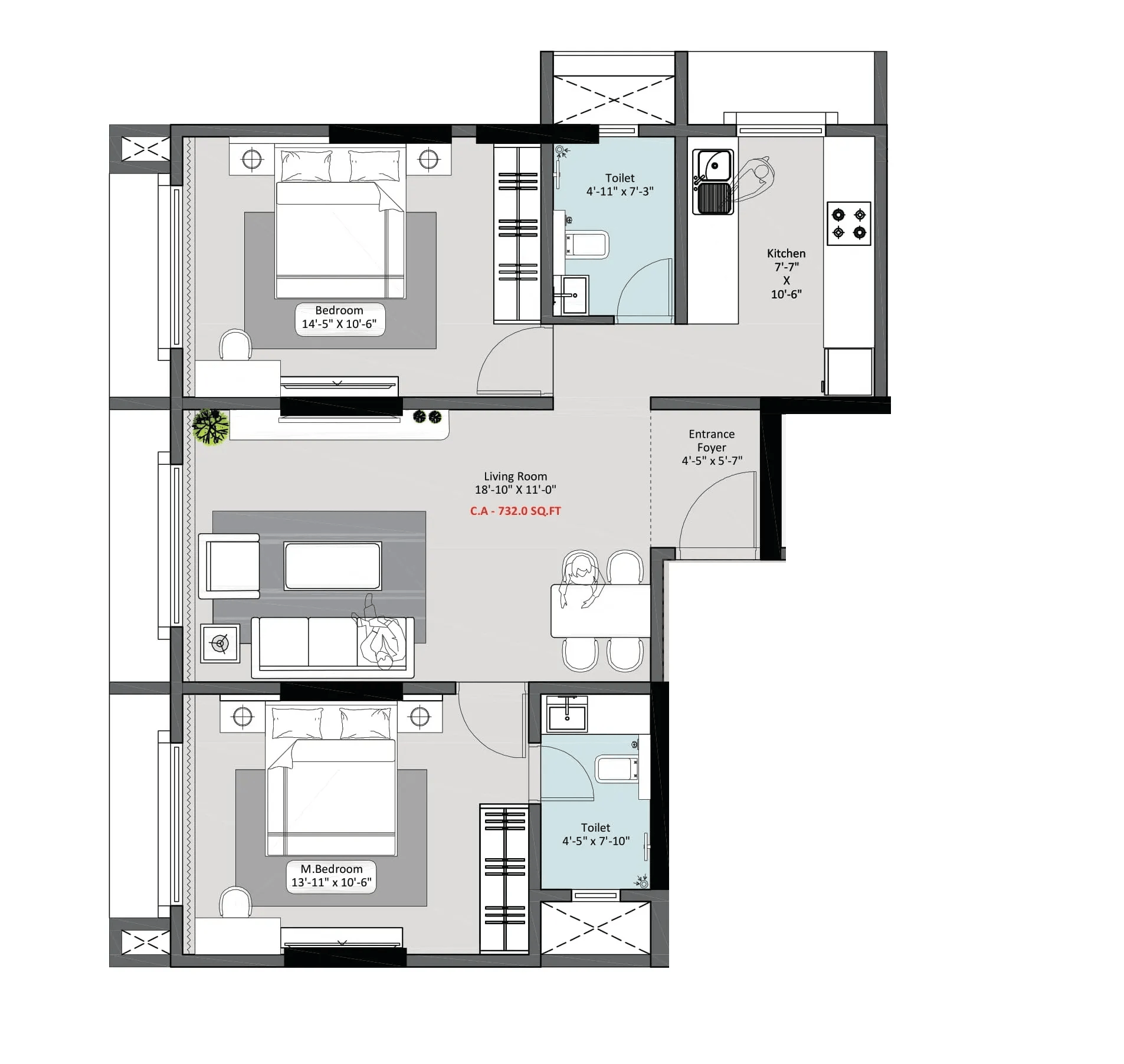 Alliance Tanvi Unit plan - 732 sq.ft.